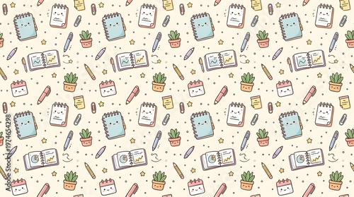 Cute doodle pattern of stationery items like notebooks pens and plants on a cream background