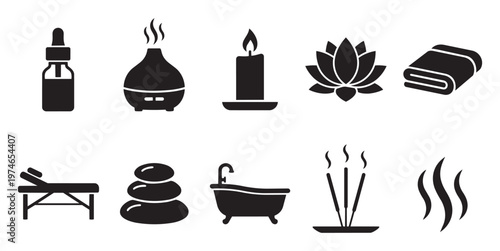 A collection of black silhouette icons representing spa and wellness elements including an oil dropper, diffuser, candle, lotus, towel, massage table, stones, bathtub, and incense.