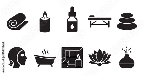 A collection of simple black icons representing various spa and wellness treatments including a massage table, hot stones, and a lotus flower.