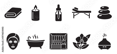 A collection of simple black vector icons representing spa and wellness elements like a towel, candle, massage table, stones, face mask, bathtub, sauna, orchid, and diffuser.