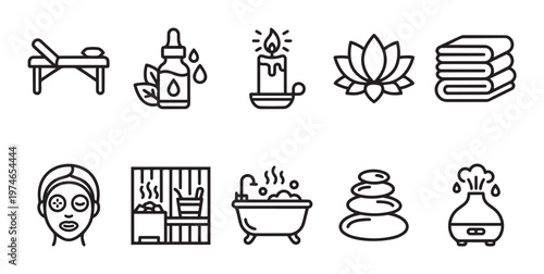 A collection of clean line art icons representing various spa and wellness elements like massage bed, oil, candle, lotus, towels, facial, sauna, bath, stones, and diffuser.