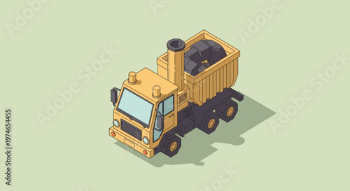 Yellow dump truck carrying a large black rock in its open bed, depicted in a minimalist isometric illustration style with a muted background