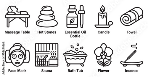 A collection of simple line art icons representing various spa and wellness treatments and items, including massage, hot stones, essential oils, and more.
