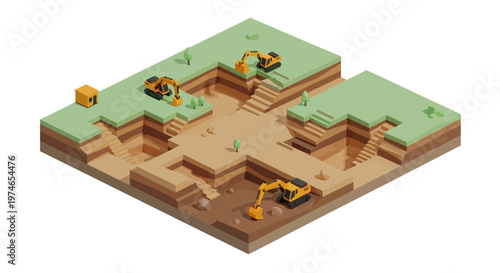 Isometric 3D illustration of construction site with excavators digging soil and creating landscape features