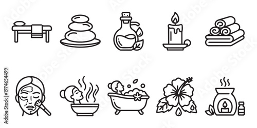A clean line art collection of spa and wellness icons including massage bed, hot stones, oil, candle, towels, facial, steam, bath, flower, and diffuser.