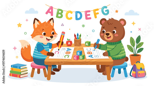 Cute Fox and Bear Learning Alphabet ABC at Desk, Educational Fun for Kids