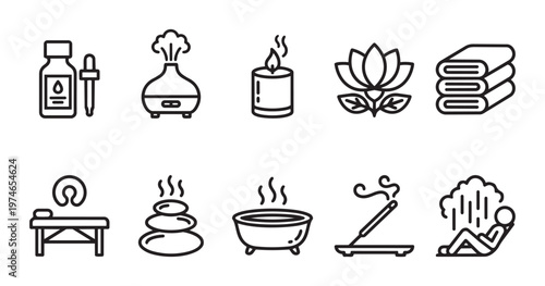 This illustration set features clean line art icons representing spa, wellness, and relaxation, including massage table, hot stones, incense, and aromatherapy diffuser.