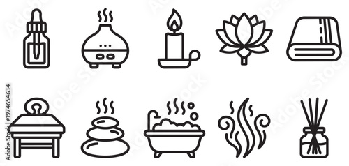 A set of clean, modern line art icons representing spa and wellness elements including massage table, hot stones, diffuser, candle, lotus, towel, bath, and diffuser reeds.
