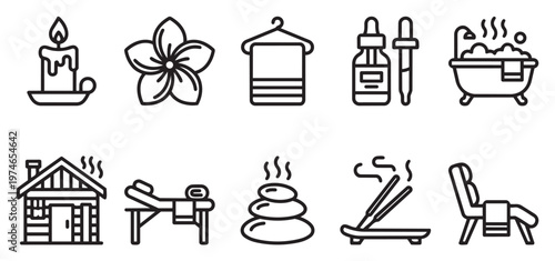 A clean, line-art vector icon set featuring elements for spa, massage, and relaxation, including a massage table, hot stones, bath, and aromatherapy diffuser.
