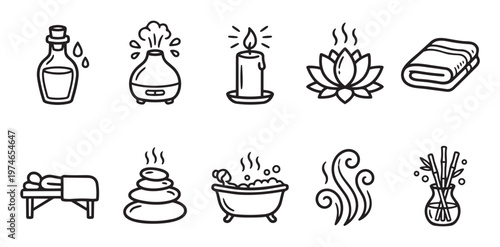A collection of simple black line drawings representing spa and wellness elements like massage, aromatherapy, and relaxation, ideal for health and beauty concepts.