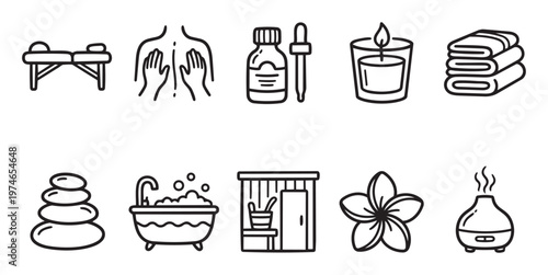 A clean, line-art vector icon set featuring elements for spa, massage, and relaxation, including a massage table, hot stones, bath, and aromatherapy diffuser.