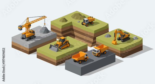 Isometric construction site with heavy machinery, including excavators, dump trucks, and cranes on layered earth platforms