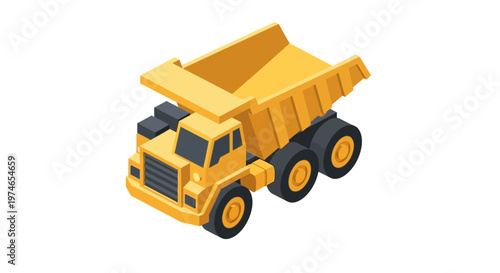 Isometric illustration of a heavy-duty yellow dump truck with a spacious cargo bed, perfect for construction and logistics themes