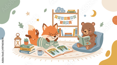 Cute fox and bear reading books together in a cozy room, illustration