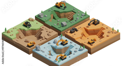 Isometric construction site illustrations depicting excavators digging and earth moving across four distinct environmental settings