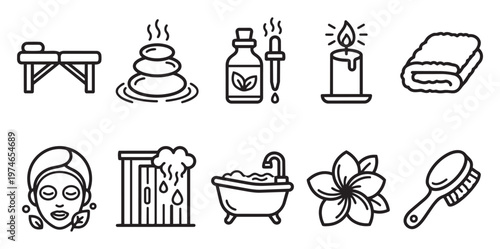 A collection of simple line art icons representing spa and wellness treatments, including massage stones, oil, candle, towel, face mask, shower, bathtub, flower, and brush.