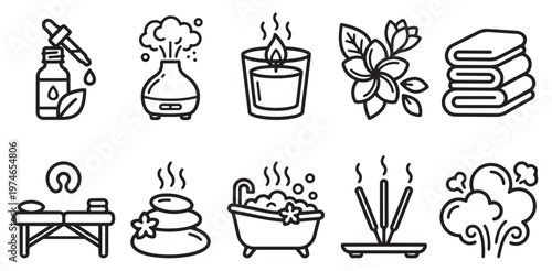 A collection of clean, modern line art icons representing various spa and wellness elements, perfect for health and relaxation themes.