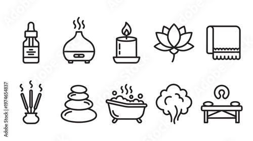 Collection of black line art icons depicting elements of spa and wellness, including massage, aromatherapy, and bathing, conveying tranquility and rejuvenation.