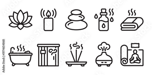 A clean line art icon set representing spa and wellness elements including a lotus flower, candle, hot stones, oil, towel, bathtub, incense, diffuser, and yoga.