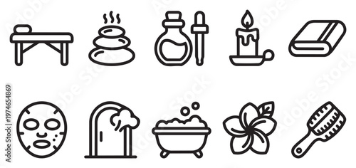 This is a collection of black and white line art icons depicting spa and wellness elements, including a massage table, hot stones, oil, candle, towel, face mask, bathtub, and flower.