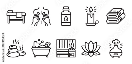 A clean line art icon set representing spa and wellness services including massage, hot stones, sauna, bath, and aromatherapy for relaxation.