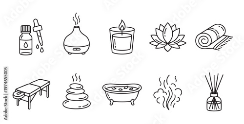 A collection of simple line art icons representing spa and wellness elements including a massage table, hot stones, bathtub, diffuser, candle, lotus flower, and essential oil.
