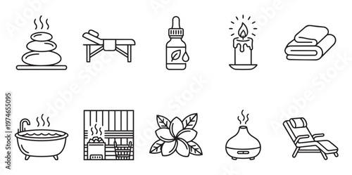 A collection of clean line art icons representing various spa and wellness elements like hot stones, massage table, oil, candle, towels, bathtub, sauna, flower, diffuser, and lounge chair.