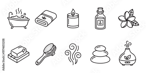 A collection of minimalist line art icons depicting spa and wellness elements like a bathtub, towel, candle, oil, flower, soap, brush, steam, stones, and diffuser.