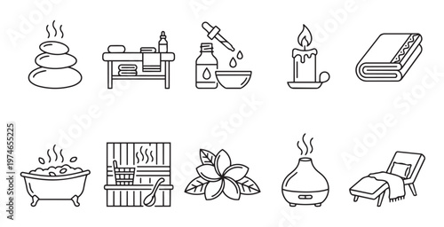 A collection of line art icons representing spa and wellness elements including a lotus flower, candle, stones, diffuser, and bath.