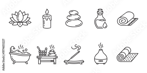 A clean line art collection of spa and wellness icons including a lotus flower, candle, stones, oil, towels, bath, incense, and diffuser.