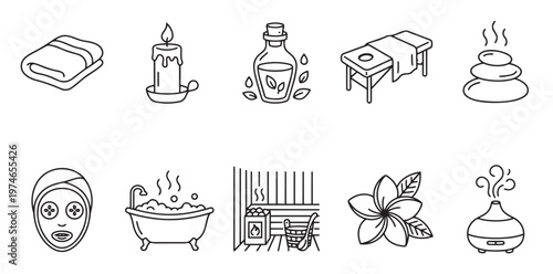 A clean, minimalist icon set featuring spa, massage, and relaxation elements like a towel, candle, oil, massage table, hot stones, face mask, bathtub, sauna, flower, and diffuser.