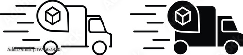 Two of a delivery truck with a package and motion lines delivery truck package motion lines speed lines