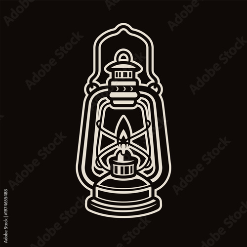 Retro kerosene lantern in monochrome style. Vintage light source vector illustration ideal for adventure graphics, camping gear and rustic branding