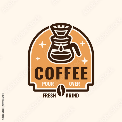 Bright coffee brewing emblem with pour over dripper in color. Clean vector badge ideal for cafe branding and coffee packaging