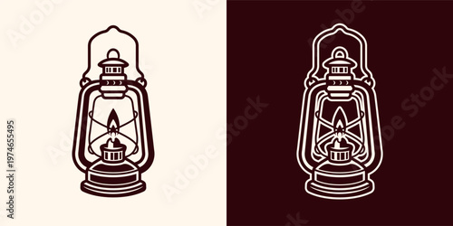 Antique oil lantern vector illustration in two styles. Classic vintage lighting object perfect for outdoor themes, survival designs and retro icons