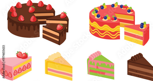 Obraz na płótnie Collection of Delicious Layered Cakes with Frosting, Fruits, and Decorations for