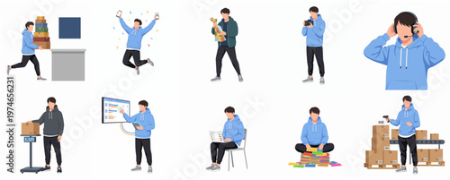 Flat Style Delivery Man Character Poses and Actions Various Expressions