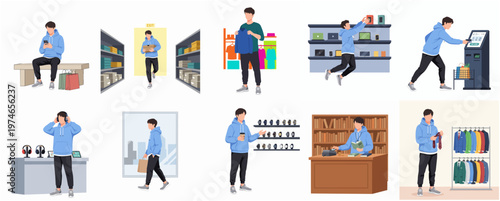 Flat Style Man Various Activity in Retail Store Illustration Set