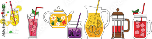 Colorful Drink Collection with Refreshing Beverages, Fruit Teas, Iced Coffee, Lemonade, Tea Pot, and Summer Beverages for Refreshment and Hydration