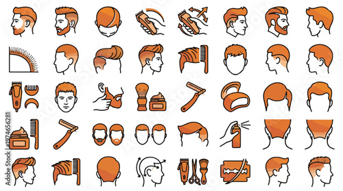 Barber and Haircut Icon Set in Linear Style. A collection of men's grooming linear icons, including hairstyle, beard, clipper, razor, comb, scissors, pomade, and more. Editable Stroke.