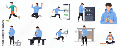 Modern Flat Design Man with Mobile App Lifestyle Illustration Set