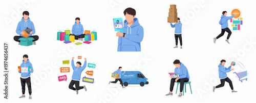 Flat Illustration Set of Male Characters Engaging in Online Shopping Activities