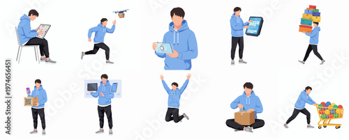 Flat Minimalist Delivery Man Diverse Poses and Activities Illustration Set