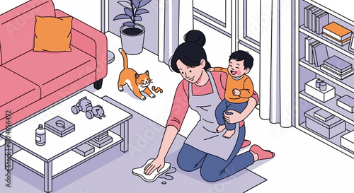 Mother Wiping Spilled Liquid on Floor while Holding Laughing Baby in Living Room Vector Illustration