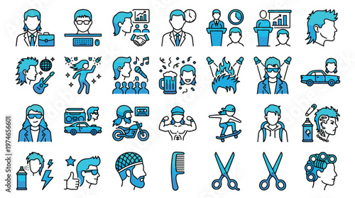Mullet Hairstyle and 80s Subculture Icon Set in Linear Style. A collection of icons representing retro fashion, including barber, punk, rocker, singer, car, hair, and more. Editable stroke.