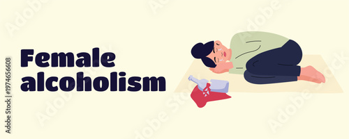 Banner of female alcoholism concept, sad crying woman near broken wine bottle, alcohol addiction, mental health problem, depression illustration isolated on white background