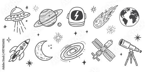 Hand drawn doddle  space theme vector illustration set with UFOs, rockets, planets, stars, comets, and astronauts in a doodle art style