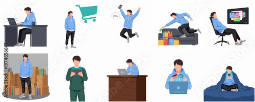 Flat Design Illustration Set of Man Shopping and Relaxing at Home