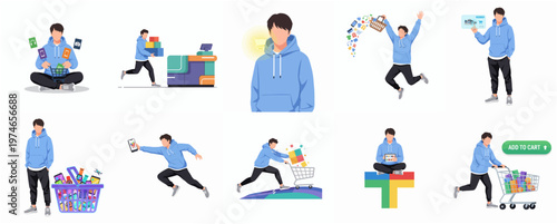 Flat Illustration Set of Young Man Shopping in Various Poses and Actions