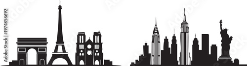 World Cities Skyline Silhouette Set Featuring Paris and New York City Landmarks and Famous Monuments